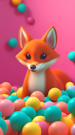 Cute cartoon fox with colorful eggs on a pink background. 3d renderingの素材