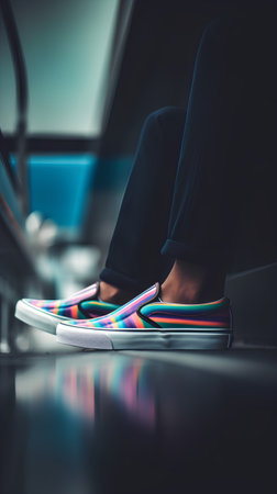 Close up of female legs in colorful sneakers. Toned image.の素材