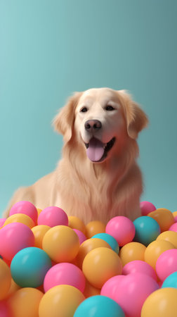 Golden Retriever and Colorful Easter Eggs on a Blue Backgroundの素材