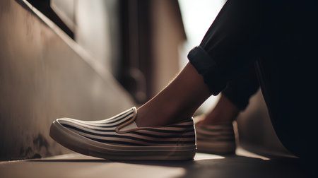 Close up of a man's legs in sneakers on the stairs.の素材