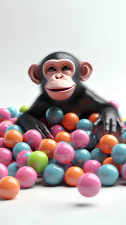 3D Illustration of a Chimpanzee with Easter Eggsの素材