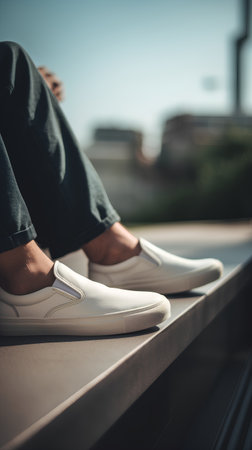 Close up of a man's legs wearing jeans and white sneakers.の素材