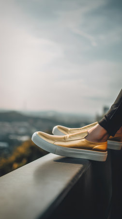 Pair of shoes on the balcony with a view of the cityの素材