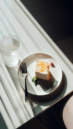 A piece of cheesecake on a white plate and a glass of water in the sunlight.の素材