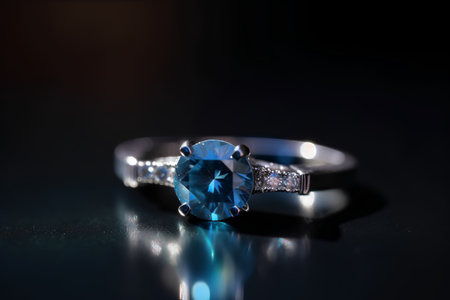 Jewelry ring with blue sapphire on a black backgroundの素材