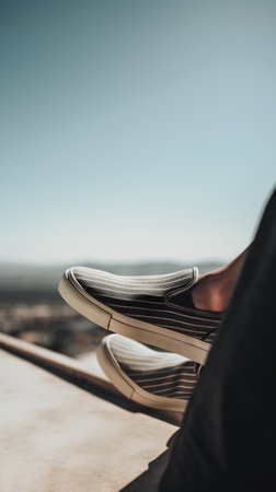 Close up of a man's feet on a balcony with a view of the cityの素材