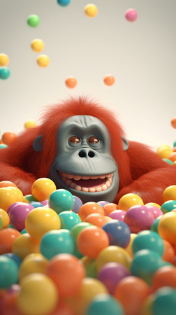 funny cartoon orangutan with colorful candy. 3d illustrationの素材