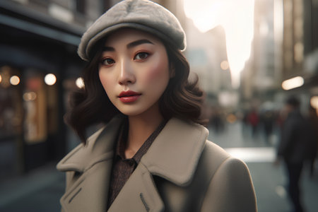 Portrait of a beautiful asian woman in coat and beret walking on the streetの素材