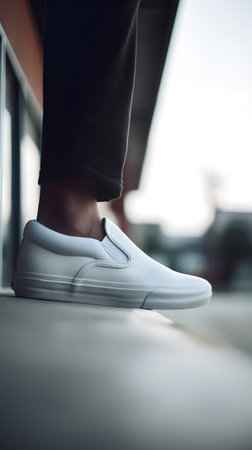 Close up of man's legs in white sneakers. Shallow depth of fieldの素材