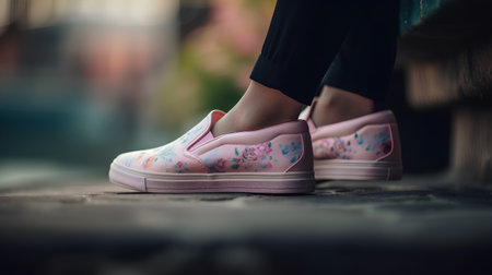 Close up of female legs in pink sneakers on the street, vintage toneの素材
