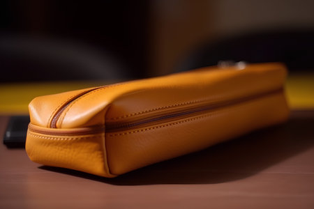 Orange leather briefcase on a wooden table in the office. Selective focus.の素材