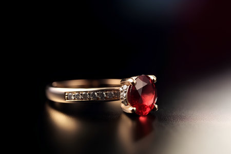 Wedding ring with red sapphire on a black backgroundの素材