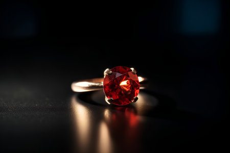 Jewelry ring with red gemstone on a black background.の素材