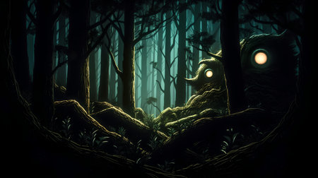 Creepy spooky monster in dark forest. 3D renderingの素材
