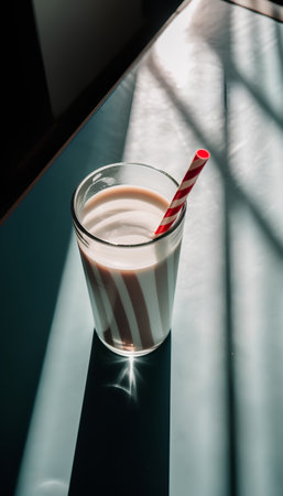 Milk in a glass with a red striped straw on a black backgroundの素材