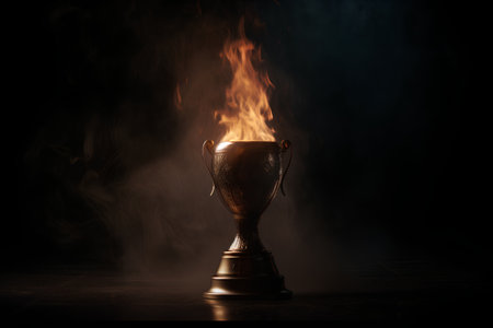Burning trophy cup on dark background with smoke. Selective focusの素材