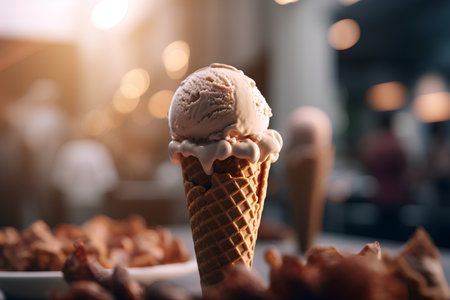 ice cream in waffle cone on blurred background with bokehの素材