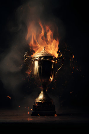 Trophy cup with fire flames on dark background. Award concept.の素材