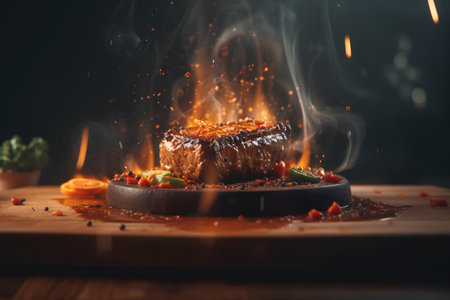 Grilled beef steak on a wooden board with fire in the backgroundの素材
