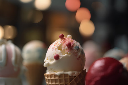 Ice cream in waffle cone on blurred background with bokehの素材