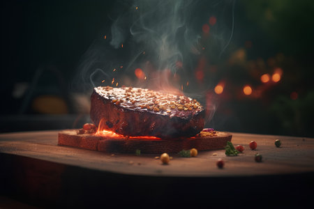 Steak on a wooden board with fire and smoke on a dark backgroundの素材