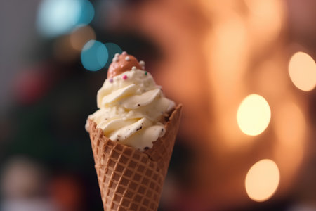 Ice cream cone with christmas lights in the background, shallow depth of fieldの素材