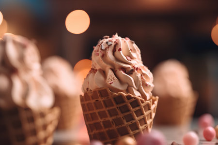Chocolate ice cream in waffle cone on bokeh backgroundの素材