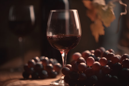Red wine glass and grapes on wooden table. Selective focus.の素材