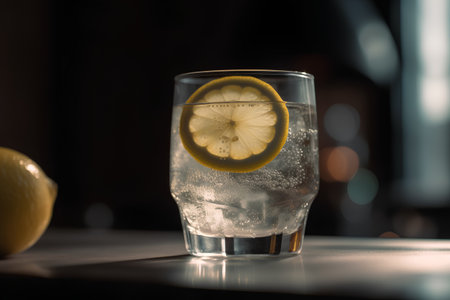 A glass of lemonade with ice cubes and lemon slices on a black backgroundの素材