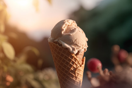 Ice cream in waffle cone on nature background. Selective focus.の素材