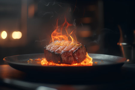 Steak on fire in a restaurant. Steak on a frying pan.の素材