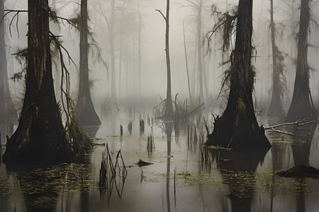 Foggy swamp landscape with tree trunks and reflections in waterの素材