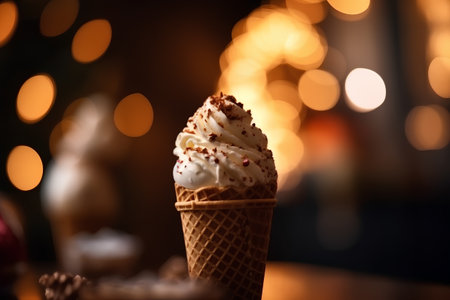ice cream in waffle cone on blurred christmas lights bokeh backgroundの素材