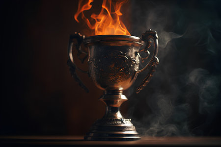 Bronze trophy cup with fire and smoke on dark background. Victory conceptの素材