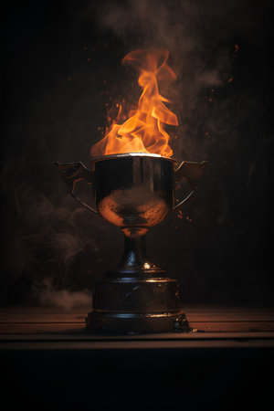 Burning trophy cup on wooden table with smoke on dark background.の素材