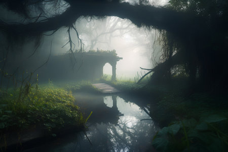 Mysterious forest in the mist. Mysterious mystical landscape with an arch and a pondの素材