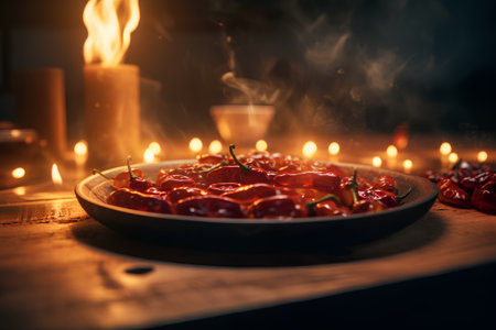 Red hot chili pepper in a plate on a wooden table with burning candlesの素材