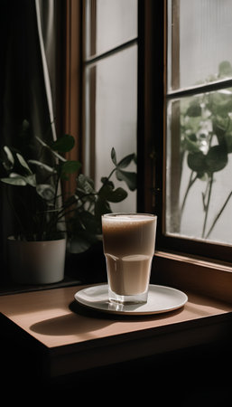 Coffee in a glass on a wooden table near the windowの素材