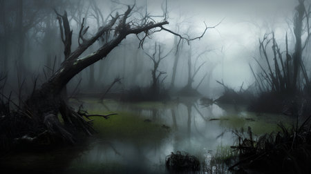 Foggy landscape with a swamp and a dead tree in the foregroundの素材