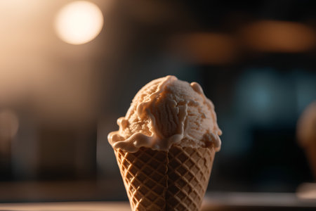 Delicious ice cream in waffle cone on table, closeupの素材