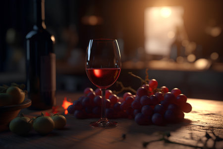 Glass of red wine on a wooden table with grapes and wine bottles in the backgroundの素材