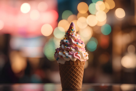 Ice cream in waffle cone on blurred background with bokehの素材