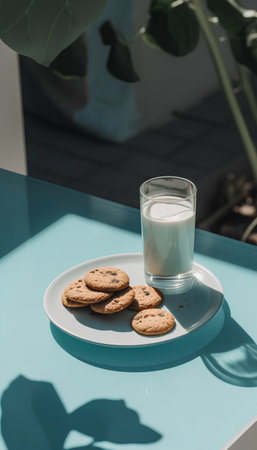 glass of milk and cookies on blue table in sunlight, breakfast conceptの素材