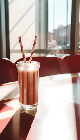 Glass of milkshake with straws on table in cafe.の素材