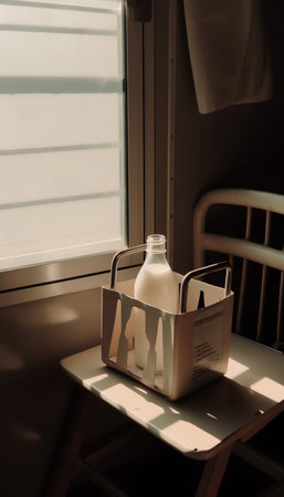 Milk in a box on the table near the window in the morningの素材
