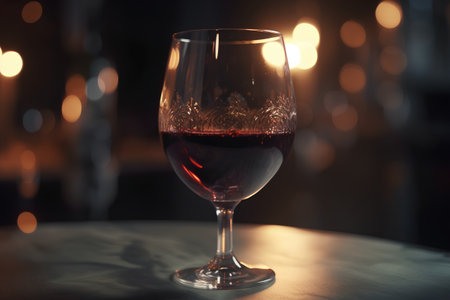 Glass of red wine on a table in a restaurant, shallow depth of fieldの素材