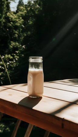 Milk in a glass jar on a wooden table against the background of natureの素材