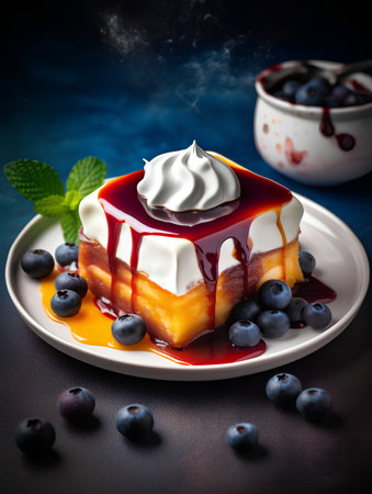 Crepes with blueberries and whipped cream on a dark backgroundの素材