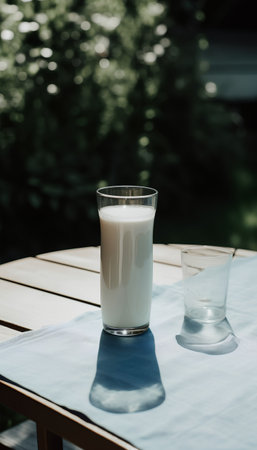 A glass of milk on a table in a restaurant. Selective focus.の素材
