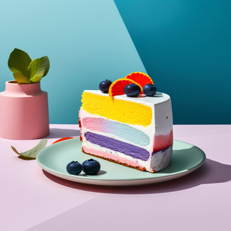 Piece of rainbow cake decorated with berries and mint leaves on blue and pink background. Minimal concept.の素材